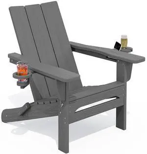 Outdoor HDPE Modern Adirondack ChairFolding Adirondack Chair with Cup Holders, All Weather Resistant Fire Pit Chair, Gray Outdoor HDPE Modern Adirondack ChairFolding Adirondack Chair with Cup Holders, All Weather Resistant Fire Pit Chair, Gray