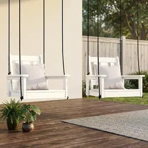 HDPE Single Porch Swing Set of 2 with Pillows(500 PP Cotton Filling), Heavy Duty Single Person Swing Chair with Adjustable Hanging Ropes, Adirondack Hanging Chair for Courtyard & Garden, White HDPE Single Porch Swing Set of 2 with Pillows(500 PP Cotton Filling), Heavy Duty Single Person Swing Chair with Adjustable Hanging Ropes, Adirondack Hanging Chair for Courtyard & Garden, White