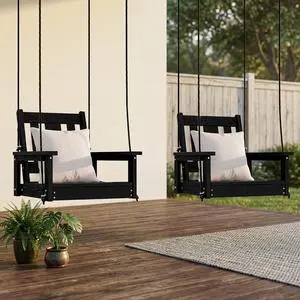 HDPE Single Porch Swing Set of 2 with Pillows(500 PP Cotton Filling), Heavy Duty Single Person Swing Chair with Adjustable Hanging Ropes, Adirondack Hanging Chair for Courtyard & Garden, Black HDPE Single Porch Swing Set of 2 with Pillows(500 PP Cotton Filling), Heavy Duty Single Person Swing Chair with Adjustable Hanging Ropes, Adirondack Hanging Chair for Courtyard & Garden, Black