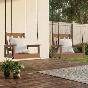 HDPE Single Porch Swing Set of 2 with Pillows(500 PP Cotton Filling), Heavy Duty Single Person Swing Chair with Adjustable Hanging Ropes, Adirondack Hanging Chair for Courtyard & Garden, Brown HDPE Single Porch Swing Set of 2 with Pillows(500 PP Cotton Filling), Heavy Duty Single Person Swing Chair with Adjustable Hanging Ropes, Adirondack Hanging Chair for Courtyard & Garden, Brown