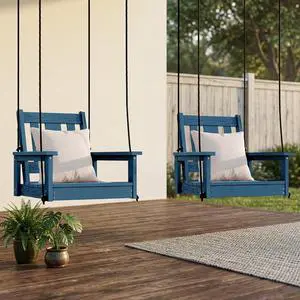HDPE Single Porch Swing Set of 2 with Pillows(500 PP Cotton Filling), Heavy Duty Single Person Swing Chair with Adjustable Hanging Ropes, Adirondack Hanging Chair for Courtyard & Garden, Blue HDPE Single Porch Swing Set of 2 with Pillows(500 PP Cotton Filling), Heavy Duty Single Person Swing Chair with Adjustable Hanging Ropes, Adirondack Hanging Chair for Courtyard & Garden, Blue