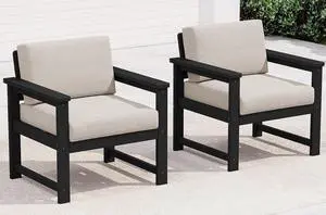 2 Pieces Single Cushioned Sofa Armchair, Black HDPE Adirondack Outdoor Sofa Lounge with Khaki Cushion 2 Pieces Single Cushioned Sofa Armchair, Black HDPE Adirondack Outdoor Sofa Lounge with Khaki Cushion