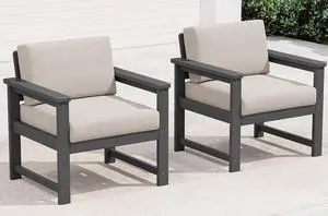 2 Pieces Single Cushioned Sofa Chair, Grey HDPE Outdoor Adirondack Lounge Armchair with Khaki Cushion 2 Pieces Single Cushioned Sofa Chair, Grey HDPE Outdoor Adirondack Lounge Armchair with Khaki Cushion