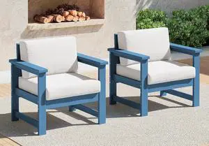 2 Pieces Single Cushioned Lounge Chair, Blue HDPE Outdoor Adirondack Sofa Armchair with Khaki Cushion 2 Pieces Single Cushioned Lounge Chair, Blue HDPE Outdoor Adirondack Sofa Armchair with Khaki Cushion