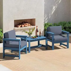3 Pieces HDPE Outdoor Sofa Bistro Set with Cushions, Outdoor Furniture Sofa Sets with Coffee Table and Cushions, All Weather Conversation Social Set, Blue Frame and Grey Cushion 3 Pieces HDPE Outdoor Sofa Bistro Set with Cushions, Outdoor Furniture Sofa Sets with Coffee Table and Cushions, All Weather Conversation Social Set, Blue Frame and Grey Cushion