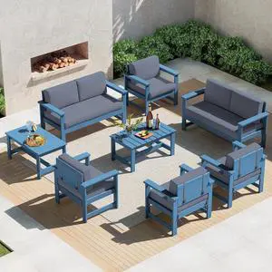 8 Pieces HDPE Outdoor Conversation Sofa Set with Cushion, All Weather Couch Loveseat Furniture Set with Pads, Outdoor Social Sofa Coffee Table Set, Blue Frame with Grey Cushions 8 Pieces HDPE Outdoor Conversation Sofa Set with Cushion, All Weather Couch Loveseat Furniture Set with Pads, Outdoor Social Sofa Coffee Table Set, Blue Frame with Grey Cushions