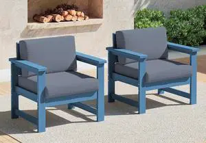 2 Pieces Single Cushioned Lounge Chair, Blue HDPE Outdoor Adirondack Sofa Armchair with Grey Cushion 2 Pieces Single Cushioned Lounge Chair, Blue HDPE Outdoor Adirondack Sofa Armchair with Grey Cushion