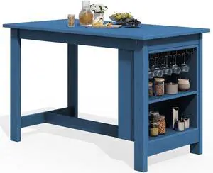 Outdoor Bar Table, All Weather HDPE 36" Counter Height Dining Table with Storage and Wine Rack for Patio, Garden, Backyard, Balcony, Poolside, Blue Outdoor Bar Table, All Weather HDPE 36" Counter Height Dining Table with Storage and Wine Rack for Patio, Garden, Backyard, Balcony, Poolside, Blue