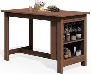 Outdoor Bar Table, All Weather HDPE 36" Counter Height Dining Table with Storage and Wine Rack for Patio, Garden, Backyard, Balcony, Poolside, Brown Outdoor Bar Table, All Weather HDPE 36" Counter Height Dining Table with Storage and Wine Rack for Patio, Garden, Backyard, Balcony, Poolside, Brown