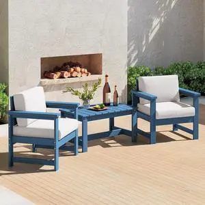 3 Pieces HDPE Outdoor Sofa Bistro Set with Cushion, Patio Outdoor Furniture Sofa Sets with Porch Chairs and Coffee Table, Blue Frame/Khaki Cushion 3 Pieces HDPE Outdoor Sofa Bistro Set with Cushion, Patio Outdoor Furniture Sofa Sets with Porch Chairs and Coffee Table, Blue Frame/Khaki Cushion