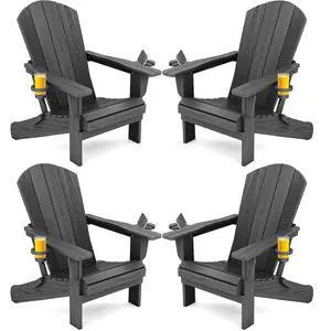 Foldable Adirondack Chair Set of 4, HDPE Adirondack Chair with Wood-Texture-Gray Foldable Adirondack Chair Set of 4, HDPE Adirondack Chair with Wood-Texture-Gray