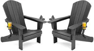 Foldable Adirondack Chair Set of 2, HDPE Adirondack Chair with Wood-Texture-Gray Foldable Adirondack Chair Set of 2, HDPE Adirondack Chair with Wood-Texture-Gray