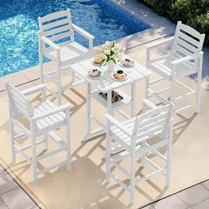 Adirondack Bar Chairs and Table 5 Pieces Set, HDPE Bar Height Chairs Set of 2 and Bar Table with Ice Bucket, Outdoor Bar Stools Set for Balcony, Poolside, Backyard, White Adirondack Bar Chairs and Table 5 Pieces Set, HDPE Bar Height Chairs Set of 2 and Bar Table with Ice Bucket, Outdoor Bar Stools Set for Balcony, Poolside, Backyard, White