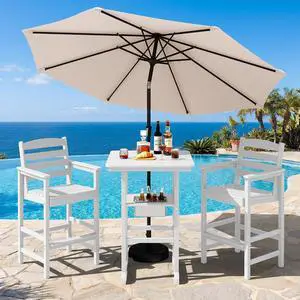 Adirondack Bar Chairs and Table 3 Pieces Set with Umbrella, HDPE Bar Height Chairs Set of 2 and Bar Table with Ice Bucket, Outdoor Bar Stools Set for Balcony, Poolside, Backyard, White Adirondack Bar Chairs and Table 3 Pieces Set with Umbrella, HDPE Bar Height Chairs Set of 2 and Bar Table with Ice Bucket, Outdoor Bar Stools Set for Balcony, Poolside, Backyard, White