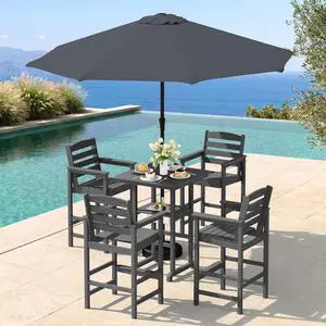 Adirondack Bar Chairs and Table 5 Pieces Set with Umbrella, HDPE Bar Height Chairs Set of 2 and Bar Table with Ice Bucket, Outdoor Bar Stools Set for Balcony, Poolside, Backyard, Grey Adirondack Bar Chairs and Table 5 Pieces Set with Umbrella, HDPE Bar Height Chairs Set of 2 and Bar Table with Ice Bucket, Outdoor Bar Stools Set for Balcony, Poolside, Backyard, Grey