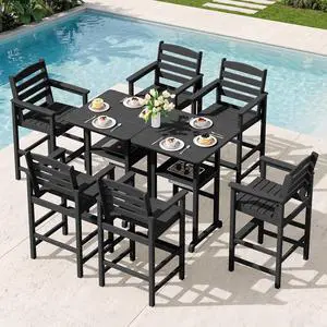 Adirondack Bar Chairs and Table 8 Pieces Set, HDPE Bar Height Chairs Set of 2 and Bar Table with Ice Bucket, Outdoor Bar Stools Set for Dining, Balcony, Poolside, Backyard, Black Adirondack Bar Chairs and Table 8 Pieces Set, HDPE Bar Height Chairs Set of 2 and Bar Table with Ice Bucket, Outdoor Bar Stools Set for Dining, Balcony, Poolside, Backyard, Black