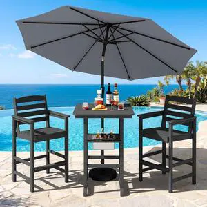 Adirondack Bar Chairs and Table 3 Pieces Set with Umbrella, HDPE Bar Height Chairs Set of 2 and Bar Table with Ice Bucket, Outdoor Bar Stools Set for Balcony, Poolside, Backyard, Black Adirondack Bar Chairs and Table 3 Pieces Set with Umbrella, HDPE Bar Height Chairs Set of 2 and Bar Table with Ice Bucket, Outdoor Bar Stools Set for Balcony, Poolside, Backyard, Black