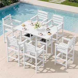 Adirondack Bar Chairs and Table 8 Pieces Set, HDPE Bar Height Chairs Set of 2 and Bar Table with Ice Bucket, Outdoor Bar Stools Set for Dining, Balcony, Poolside, Backyard, White Adirondack Bar Chairs and Table 8 Pieces Set, HDPE Bar Height Chairs Set of 2 and Bar Table with Ice Bucket, Outdoor Bar Stools Set for Dining, Balcony, Poolside, Backyard, White