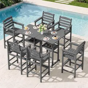 Adirondack Bar Chairs and Table 8 Pieces Set, HDPE Bar Height Chairs Set of 2 and Bar Table with Ice Bucket, Outdoor Bar Stools Set for Dining, Balcony, Poolside, Backyard, Grey Adirondack Bar Chairs and Table 8 Pieces Set, HDPE Bar Height Chairs Set of 2 and Bar Table with Ice Bucket, Outdoor Bar Stools Set for Dining, Balcony, Poolside, Backyard, Grey