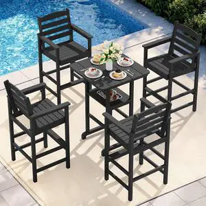Adirondack Bar Chairs and Table 5 Pieces Set, HDPE Bar Height Chairs Set of 2 and Bar Table with Ice Bucket, Outdoor Bar Stools Set for Balcony, Poolside, Backyard, Black Adirondack Bar Chairs and Table 5 Pieces Set, HDPE Bar Height Chairs Set of 2 and Bar Table with Ice Bucket, Outdoor Bar Stools Set for Balcony, Poolside, Backyard, Black