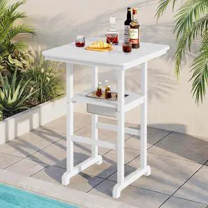 HDPE 41.7'' Bar Table with Ice Bucket, Bar Height Table with Ice Bucket, 30'' x 30'' Square Bar Tables Bistro, Poolside, Backyard, White HDPE 41.7'' Bar Table with Ice Bucket, Bar Height Table with Ice Bucket, 30'' x 30'' Square Bar Tables Bistro, Poolside, Backyard, White