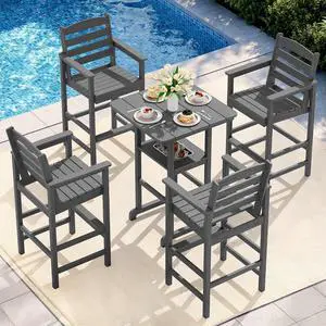 Adirondack Bar Chairs and Table 5 Pieces Set, HDPE Bar Height Chairs Set of 2 and Bar Table with Ice Bucket, Outdoor Bar Stools Set for Balcony, Poolside, Backyard, Grey Adirondack Bar Chairs and Table 5 Pieces Set, HDPE Bar Height Chairs Set of 2 and Bar Table with Ice Bucket, Outdoor Bar Stools Set for Balcony, Poolside, Backyard, Grey