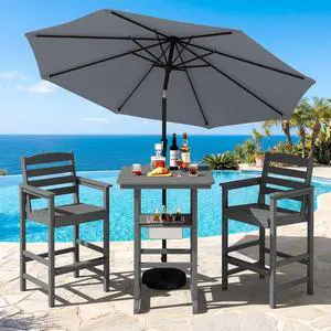 Adirondack Bar Chairs and Table 3 Pieces Set with Umbrella, HDPE Bar Height Chairs Set of 2 and Bar Table with Ice Bucket, Outdoor Bar Stools Set for Balcony, Poolside, Backyard, Grey Adirondack Bar Chairs and Table 3 Pieces Set with Umbrella, HDPE Bar Height Chairs Set of 2 and Bar Table with Ice Bucket, Outdoor Bar Stools Set for Balcony, Poolside, Backyard, Grey
