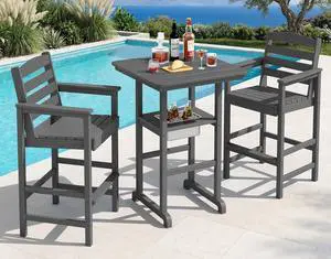 Balcony Adirondack Chairs and Table 3 Pieces Set, HDPE Bar Height Chairs Set of 2 and Bar Table with Ice Bucket, Outdoor Bar Stools Set for Bistro, Poolside, Backyard, Grey Balcony Adirondack Chairs and Table 3 Pieces Set, HDPE Bar Height Chairs Set of 2 and Bar Table with Ice Bucket, Outdoor Bar Stools Set for Bistro, Poolside, Backyard, Grey