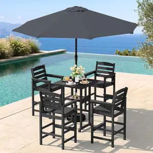Adirondack Bar Chairs and Table 5 Pieces Set with Umbrella, HDPE Bar Height Chairs Set of 2 and Bar Table with Ice Bucket, Outdoor Bar Stools Set for Balcony, Poolside, Backyard, Black Adirondack Bar Chairs and Table 5 Pieces Set with Umbrella, HDPE Bar Height Chairs Set of 2 and Bar Table with Ice Bucket, Outdoor Bar Stools Set for Balcony, Poolside, Backyard, Black