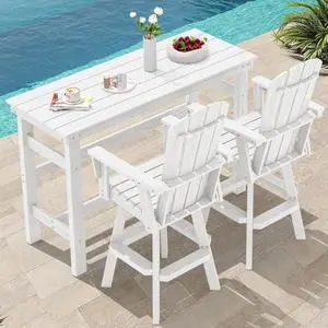 3-Piece Swivel Adirondack Bar Set, HDPE Swivel Bar Height Chairs Set of 2 with Bar Table, All-Weather Outdoor Barstools for Patio, Poolside, Garden, White 3-Piece Swivel Adirondack Bar Set, HDPE Swivel Bar Height Chairs Set of 2 with Bar Table, All-Weather Outdoor Barstools for Patio, Poolside, Garden, White
