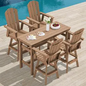 5-Piece Swivel Adirondack Bar Set, HDPE Swivel Bar Height Chairs Set of 4 with Bar Table, All-Weather Outdoor Barstools for Patio, Poolside, Garden, Brown 5-Piece Swivel Adirondack Bar Set, HDPE Swivel Bar Height Chairs Set of 4 with Bar Table, All-Weather Outdoor Barstools for Patio, Poolside, Garden, Brown