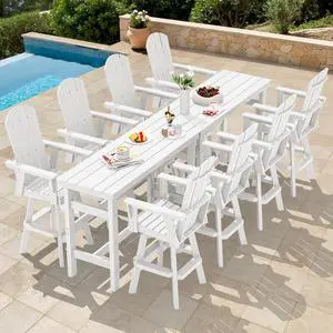 10-Piece Swivel Adirondack Bar Set, HDPE Swivel Bar Height Chairs Set of 8 with 2 Bar Tables, All-Weather Outdoor Barstools for Patio, Poolside, Garden, White 10-Piece Swivel Adirondack Bar Set, HDPE Swivel Bar Height Chairs Set of 8 with 2 Bar Tables, All-Weather Outdoor Barstools for Patio, Poolside, Garden, White