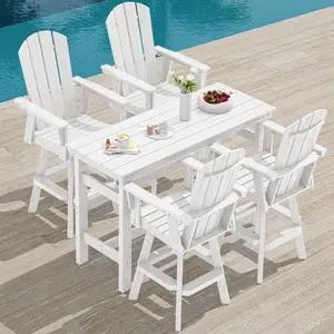 5-Piece Swivel Adirondack Bar Set, HDPE Swivel Bar Height Chairs Set of 4 with Bar Table, All-Weather Outdoor Barstools for Patio, Poolside, Garden, White 5-Piece Swivel Adirondack Bar Set, HDPE Swivel Bar Height Chairs Set of 4 with Bar Table, All-Weather Outdoor Barstools for Patio, Poolside, Garden, White