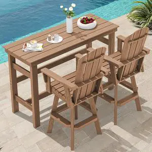 3-Piece Swivel Adirondack Bar Set, HDPE Swivel Bar Height Chairs Set of 2 with Bar Table, All-Weather Outdoor Barstools for Patio, Poolside, Garden, Brown 3-Piece Swivel Adirondack Bar Set, HDPE Swivel Bar Height Chairs Set of 2 with Bar Table, All-Weather Outdoor Barstools for Patio, Poolside, Garden, Brown