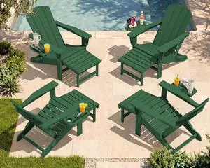 Folding Adjustable Adirondack Chairs with Footrest Set of 4, HDPE Outdoor Chair with 4-in-1 Cup Holders, All Weather Adirondack Chair with Ottoman, Green Folding Adjustable Adirondack Chairs with Footrest Set of 4, HDPE Outdoor Chair with 4-in-1 Cup Holders, All Weather Adirondack Chair with Ottoman, Green