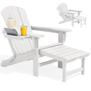 Folding Adjustable Adirondack Chair with Footrest, HDPE Outdoor Chair with 4-in-1 Cup Holders, All Weather Adirondack Chair with Ottoman, White Folding Adjustable Adirondack Chair with Footrest, HDPE Outdoor Chair with 4-in-1 Cup Holders, All Weather Adirondack Chair with Ottoman, White