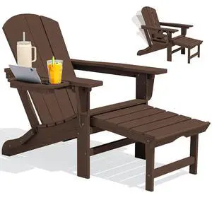 Folding Adjustable Adirondack Chair with Footrest, HDPE Outdoor Chair with 4-in-1 Cup Holders, All Weather Adirondack Chair with Ottoman, Coffee Folding Adjustable Adirondack Chair with Footrest, HDPE Outdoor Chair with 4-in-1 Cup Holders, All Weather Adirondack Chair with Ottoman, Coffee
