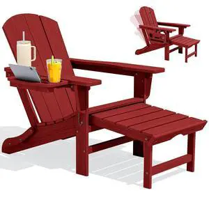 Folding Adjustable Adirondack Chair with Footrest, HDPE Outdoor Chair with 4-in-1 Cup Holders, All Weather Adirondack Chair with Ottoman, Red Folding Adjustable Adirondack Chair with Footrest, HDPE Outdoor Chair with 4-in-1 Cup Holders, All Weather Adirondack Chair with Ottoman, Red