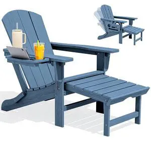 Folding Adjustable Adirondack Chair with Footrest, HDPE Outdoor Chair with 4-in-1 Cup Holders, All Weather Adirondack Chair with Ottoman, Blue Folding Adjustable Adirondack Chair with Footrest, HDPE Outdoor Chair with 4-in-1 Cup Holders, All Weather Adirondack Chair with Ottoman, Blue