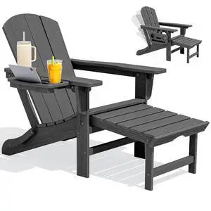 Folding Adjustable Adirondack Chair with Footrest, HDPE Outdoor Chair with 4-in-1 Cup Holders, All Weather Adirondack Chair with Ottoman, Gray Folding Adjustable Adirondack Chair with Footrest, HDPE Outdoor Chair with 4-in-1 Cup Holders, All Weather Adirondack Chair with Ottoman, Gray