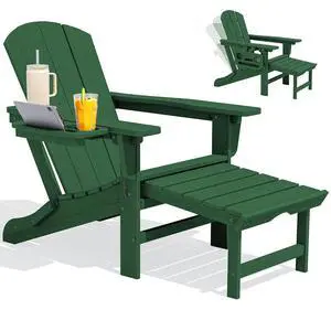 Folding Adjustable Adirondack Chair with Footrest, HDPE Outdoor Chair with 4-in-1 Cup Holders, All Weather Adirondack Chair with Ottoman, Green Folding Adjustable Adirondack Chair with Footrest, HDPE Outdoor Chair with 4-in-1 Cup Holders, All Weather Adirondack Chair with Ottoman, Green