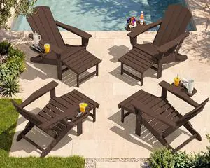 Folding Adjustable Adirondack Chairs with Footrest Set of 4, HDPE Outdoor Chair with 4-in-1 Cup Holders, All Weather Adirondack Chair with Ottoman, Coffee Folding Adjustable Adirondack Chairs with Footrest Set of 4, HDPE Outdoor Chair with 4-in-1 Cup Holders, All Weather Adirondack Chair with Ottoman, Coffee