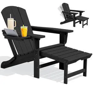 Folding Adjustable Adirondack Chair with Footrest, HDPE Outdoor Chair with 4-in-1 Cup Holders, All Weather Adirondack Chair with Ottoman, Black Folding Adjustable Adirondack Chair with Footrest, HDPE Outdoor Chair with 4-in-1 Cup Holders, All Weather Adirondack Chair with Ottoman, Black