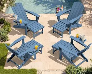 Folding Adjustable Adirondack Chairs with Footrest Set of 4, HDPE Outdoor Chair with 4-in-1 Cup Holders, All Weather Adirondack Chair with Ottoman, Blue Folding Adjustable Adirondack Chairs with Footrest Set of 4, HDPE Outdoor Chair with 4-in-1 Cup Holders, All Weather Adirondack Chair with Ottoman, Blue