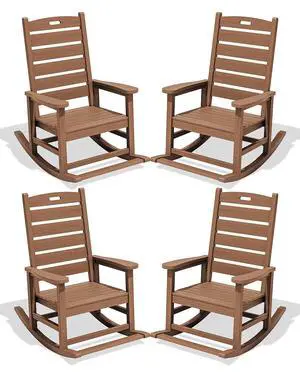 Outdoor Rocking Chair Set of 4, Oversized HDPE Patio Rocking Chair with Footrest for Adults, All Weather Porch Rocker for Deck Patio Balcony, Brown Outdoor Rocking Chair Set of 4, Oversized HDPE Patio Rocking Chair with Footrest for Adults, All Weather Porch Rocker for Deck Patio Balcony, Brown