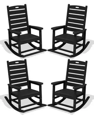 Outdoor Rocking Chair Set of 4, Oversized HDPE Patio Rocking Chair with Footrest for Adults, All Weather Porch Rocker for Deck Patio Balcony, Black Outdoor Rocking Chair Set of 4, Oversized HDPE Patio Rocking Chair with Footrest for Adults, All Weather Porch Rocker for Deck Patio Balcony, Black