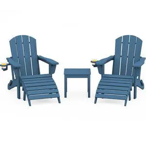 5-Piece Adirondack Chair and Ottoman and Table Set, HDPE Weather Resistant Adjustable Backrest Adirondack Chair with Ottoman and Side Table, Navy 5-Piece Adirondack Chair and Ottoman and Table Set, HDPE Weather Resistant Adjustable Backrest Adirondack Chair with Ottoman and Side Table, Navy