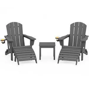 5-Piece Folding Adirondack Chair and Ottoman and Table Set, HDPE Adjustable Adirondack Chairs Set, Grey 5-Piece Folding Adirondack Chair and Ottoman and Table Set, HDPE Adjustable Adirondack Chairs Set, Grey
