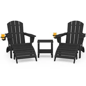 5-Piece Adjustable Adirondack Chair and Ottoman and Table Set, Black 5-Piece Adjustable Adirondack Chair and Ottoman and Table Set, Black
