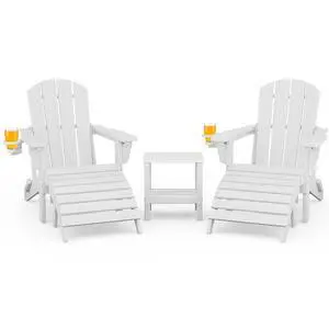 5-Piece Adirondack Chair and Ottoman and Table Set, White 5-Piece Adirondack Chair and Ottoman and Table Set, White